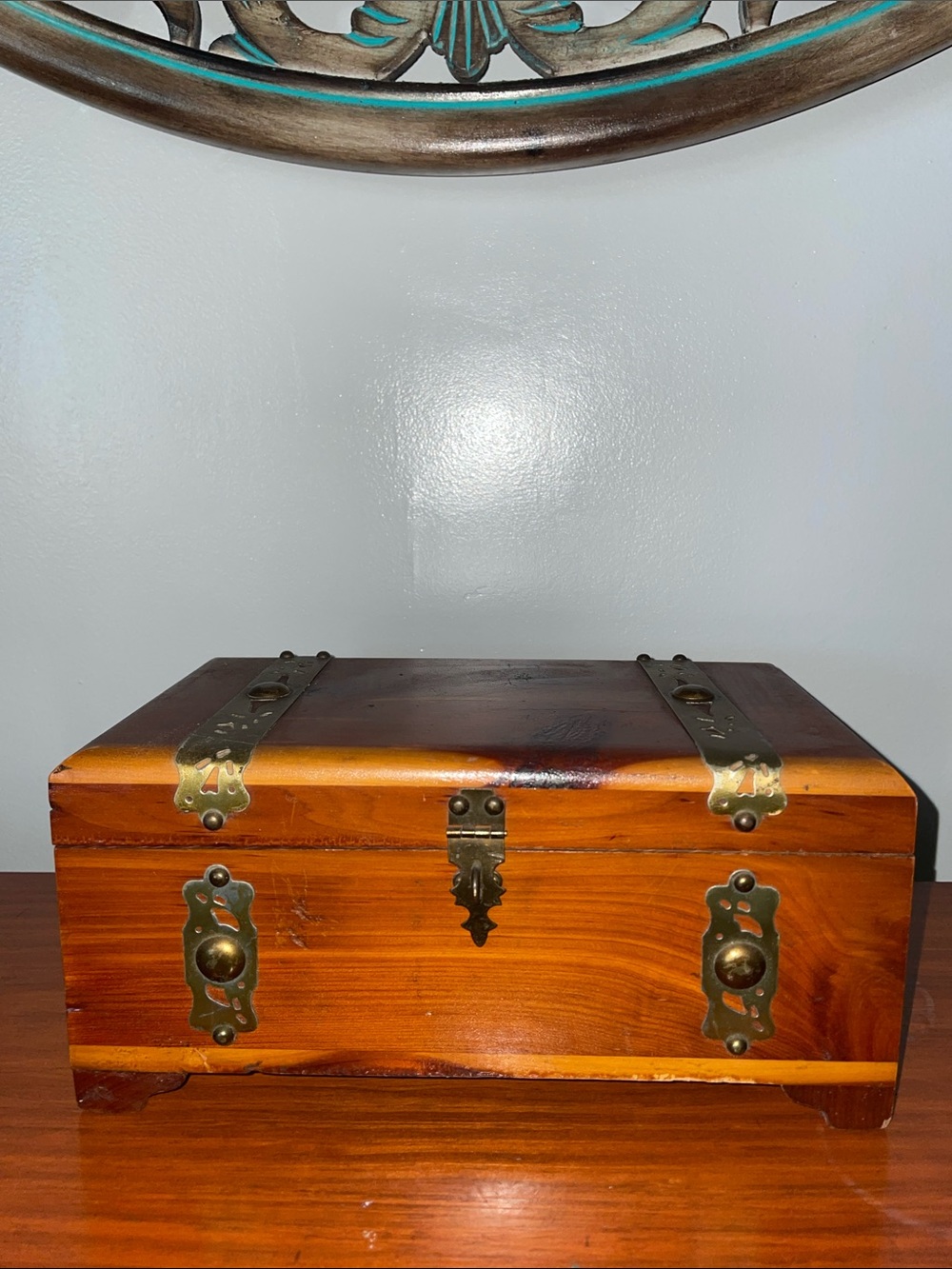 Vintage Wood Jewelry Keepsake Treasure Chest Brass Hardware 10”